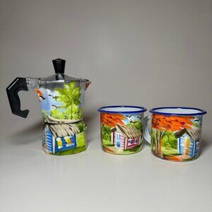 Coffee Maker Set and Enameled Pitchers with a Framboyan Theme